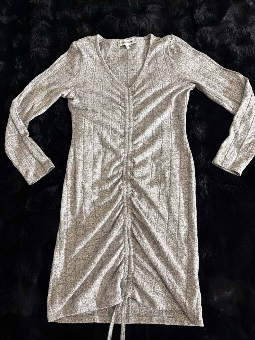 Almost Famous Metallic Silver V-Neck Ruched Long Sleeve Dress